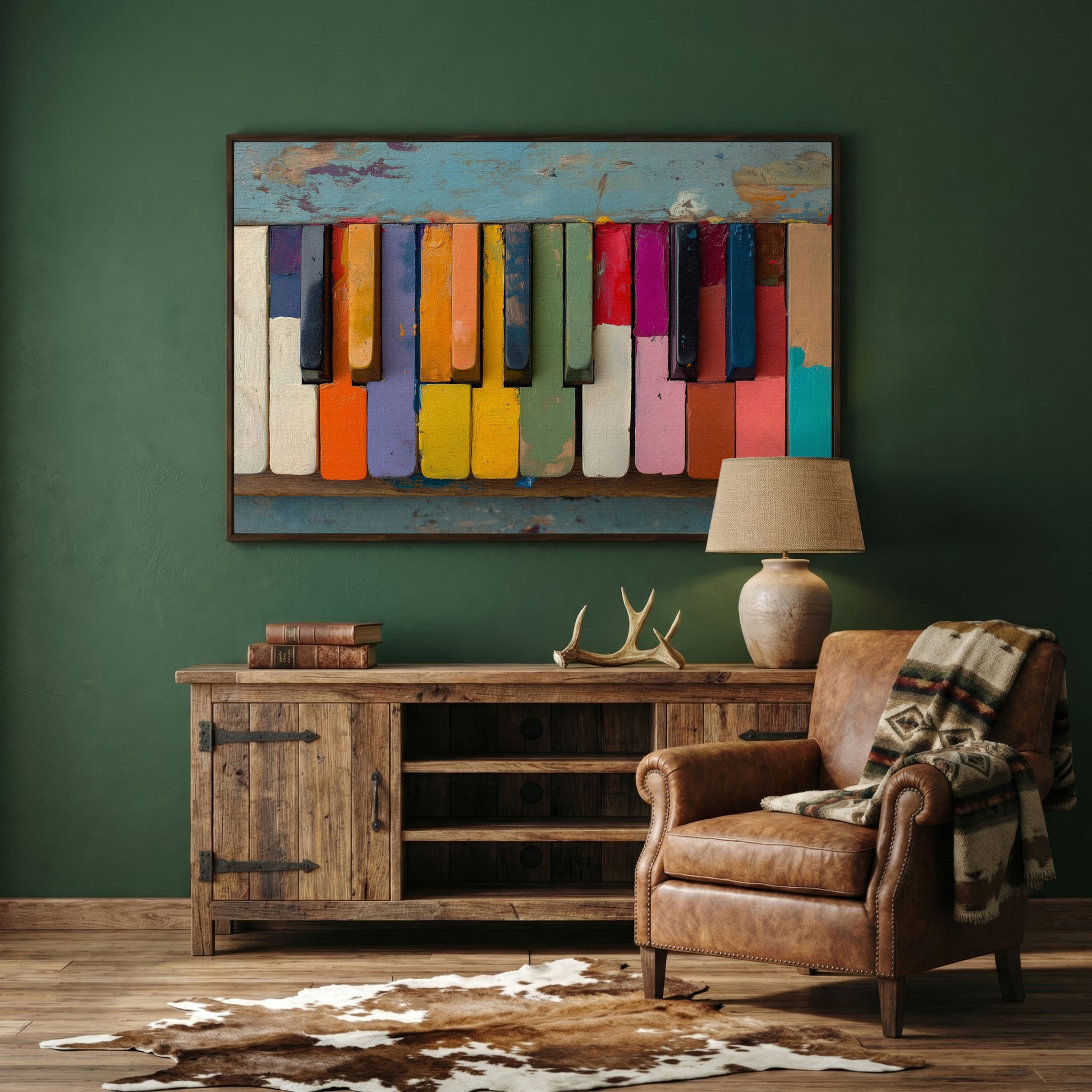 Colorful Piano Keys Canvas Art, Whimsical Music Wall Decor in dark walnut floating frame