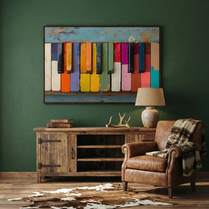 Colorful Piano Keys Canvas Art, Whimsical Music Wall Decor in dark walnut floating frame