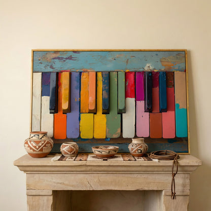 Colorful Piano Keys Canvas Art, Whimsical Music Wall Decor in white oak floating frame
