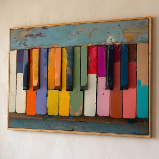 Colorful Piano Keys Canvas Art, Whimsical Music Wall Decor shown in white oak floating frame