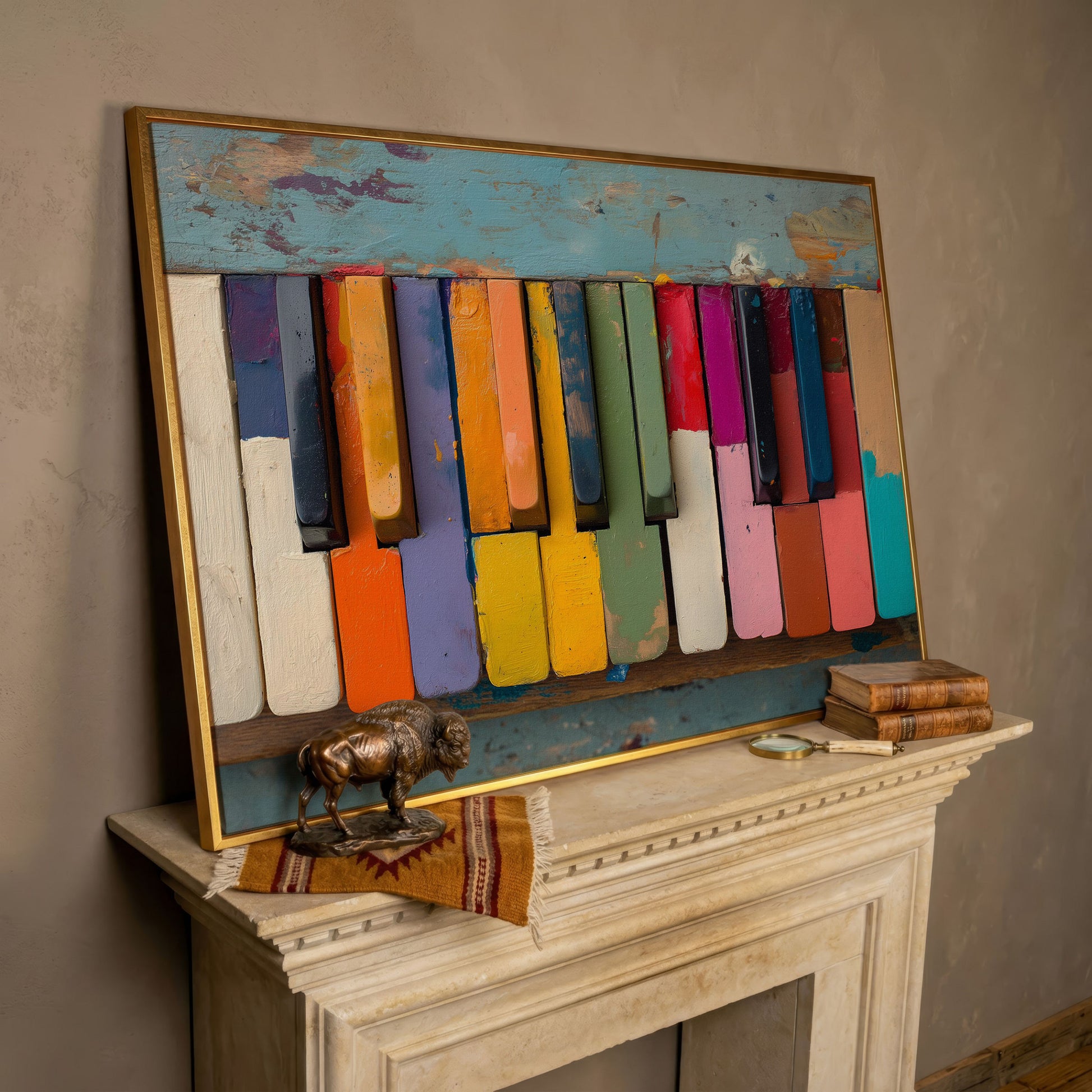 Colorful Piano Keys Canvas Art, Whimsical Music Wall Decor in rose gold floating frame