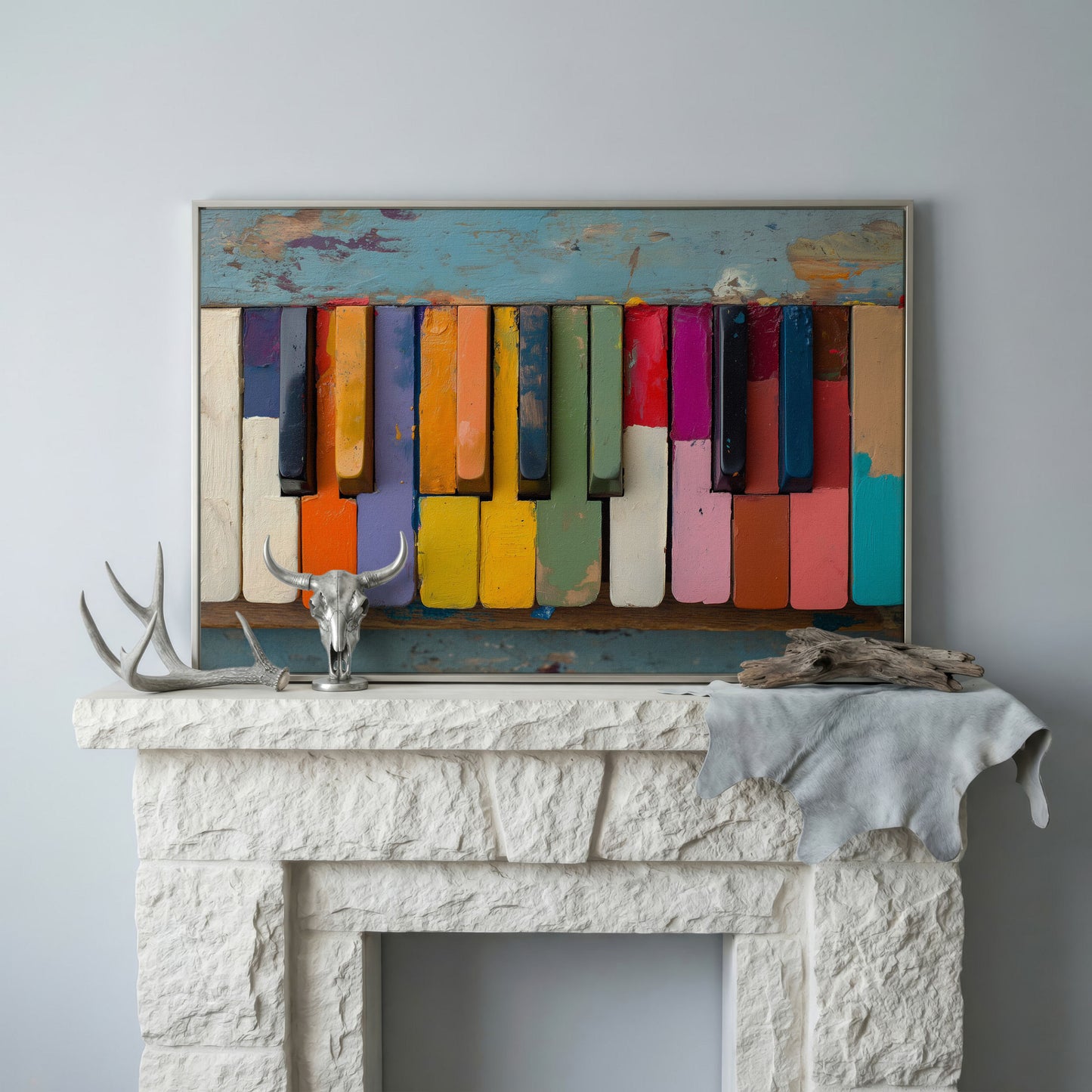 Colorful Piano Keys Canvas Art, Whimsical Music Wall Decor in silver floating frame