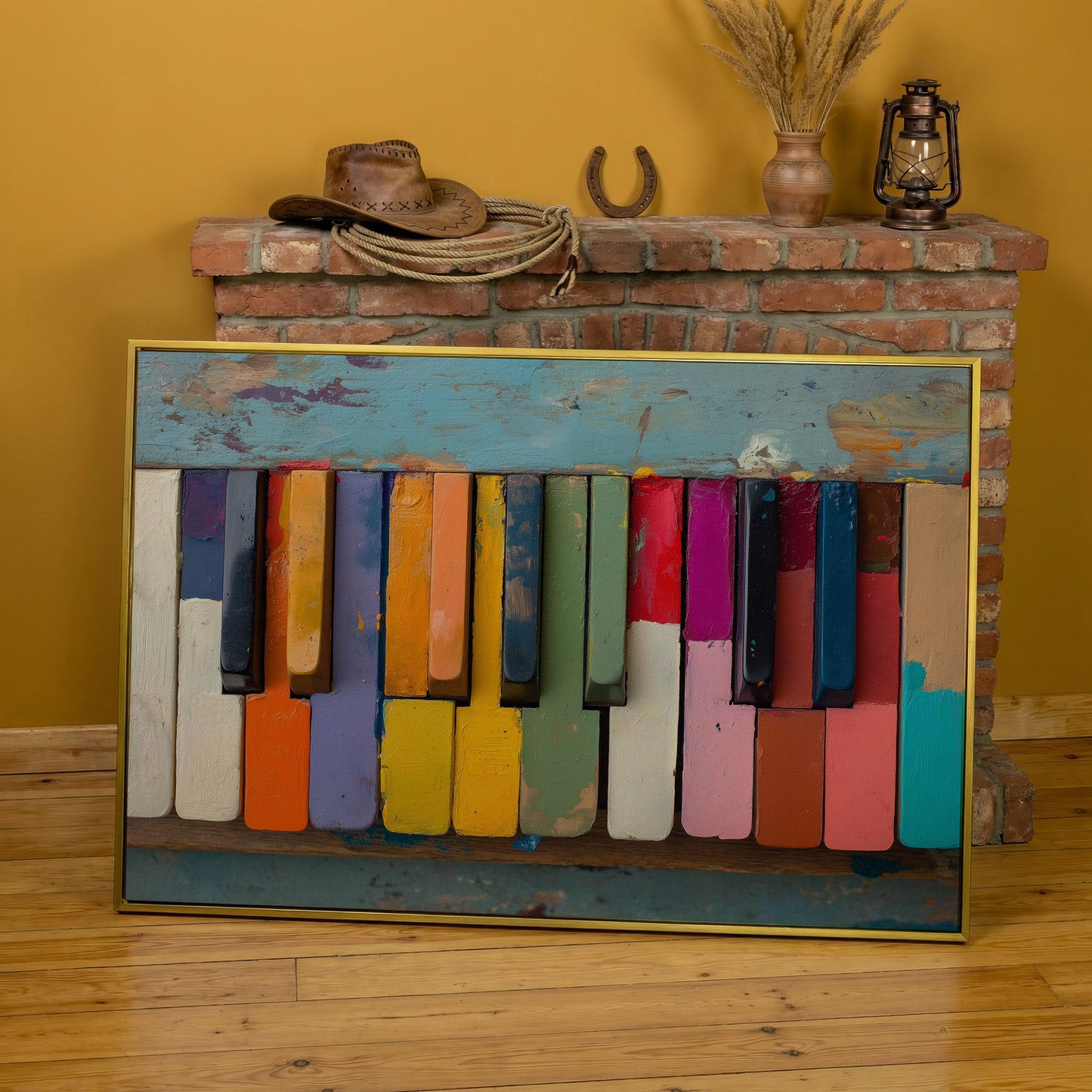 Colorful Piano Keys Canvas Art, Whimsical Music Wall Decor in yellow gold floating frame