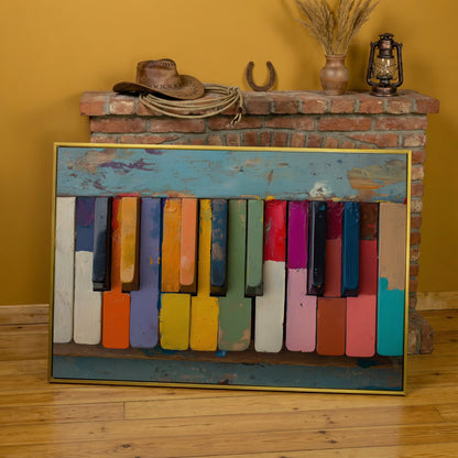 Colorful Piano Keys Canvas Art, Whimsical Music Wall Decor in yellow gold floating frame