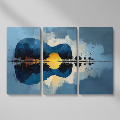 Guitar Landmass Sunset Canvas Art with Water Reflection as 3-panel split version