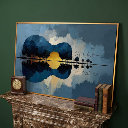 Guitar Landmass Sunset Canvas Art with Water Reflection in antique gold floating frame