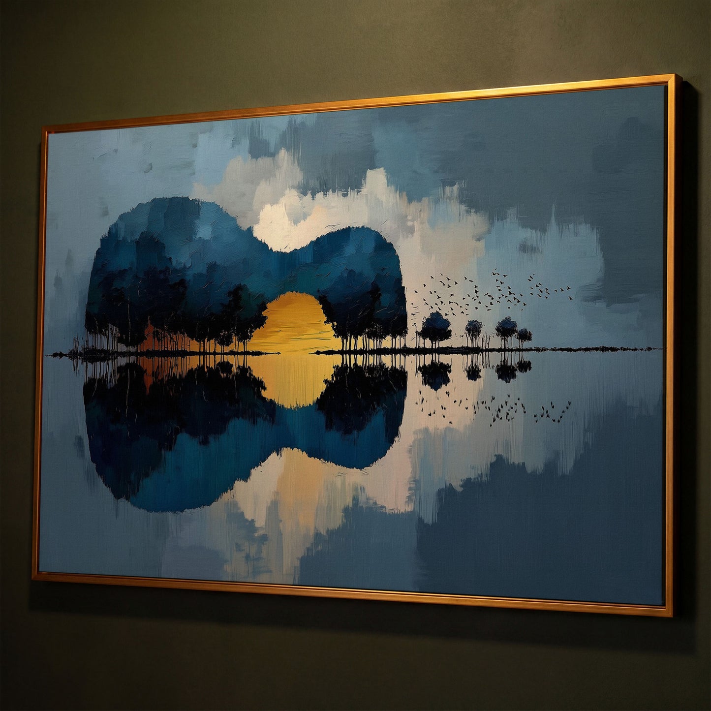 Guitar Landmass Sunset Canvas Art with Water Reflection shown in antique gold floating frame