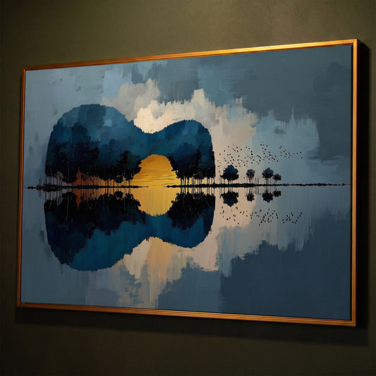 Guitar Landmass Sunset Canvas Art with Water Reflection shown in antique gold floating frame