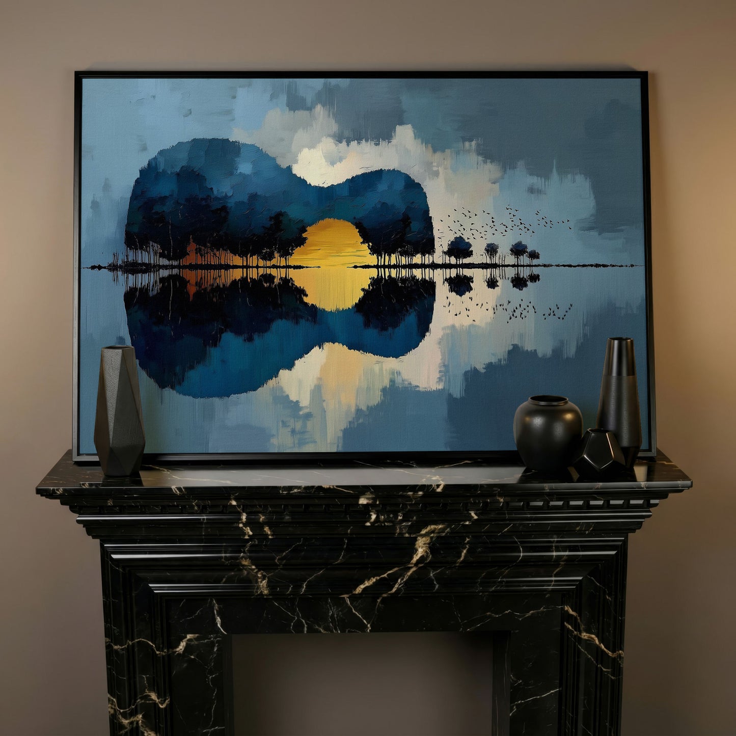Guitar Landmass Sunset Canvas Art with Water Reflection in black floating frame