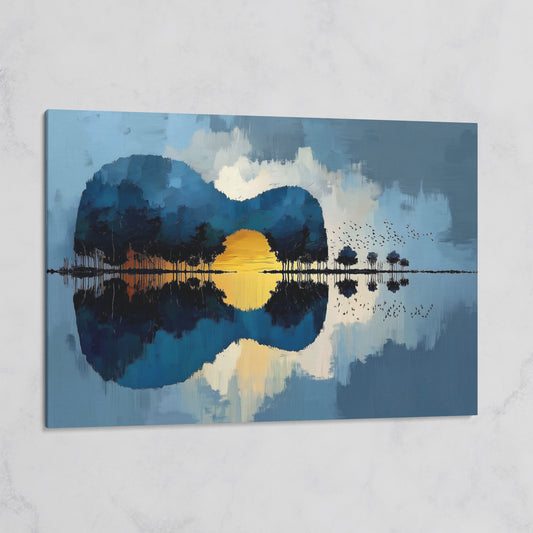 Guitar Landmass Sunset Canvas Art with Water Reflection on gallery wrap