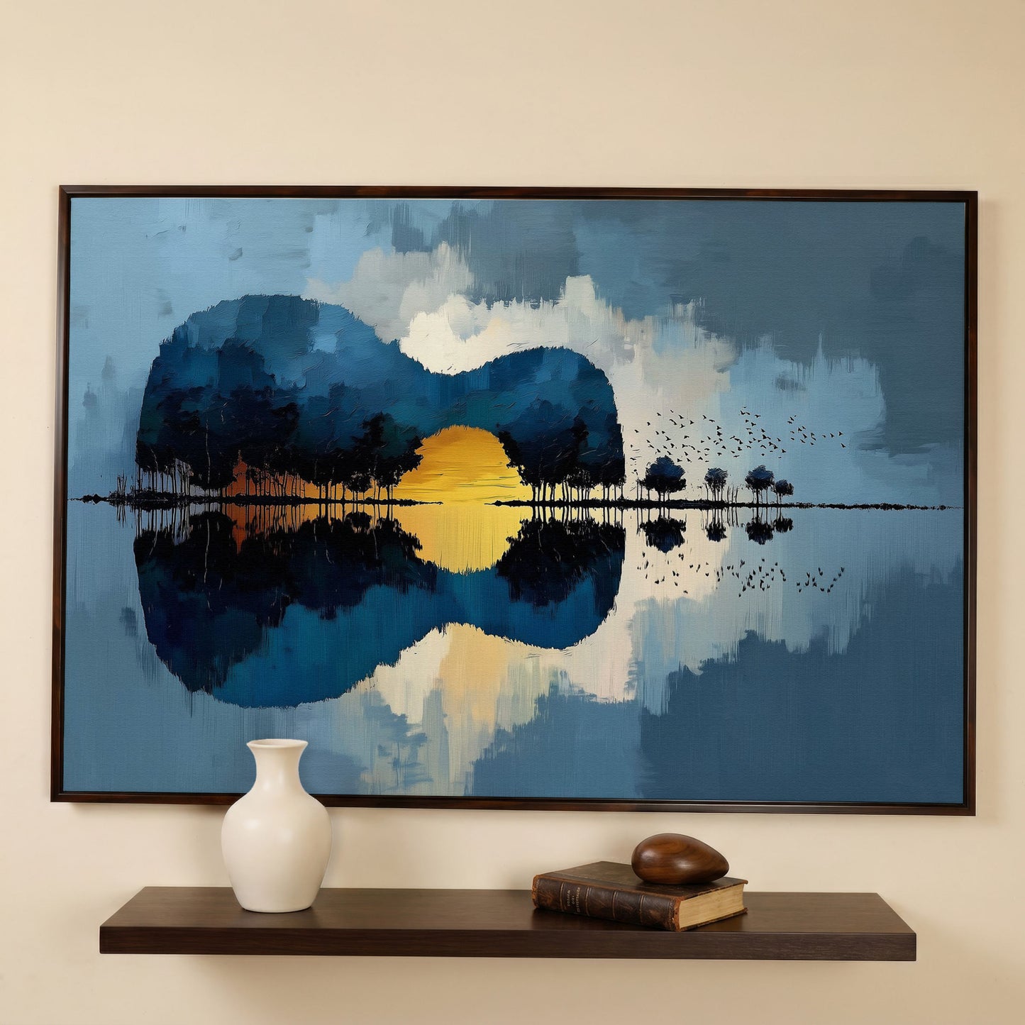 Guitar Landmass Sunset Canvas Art with Water Reflection in dark walnut floating frame