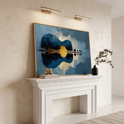 Guitar Landmass Sunset Canvas Art with Water Reflection in white oak floating frame