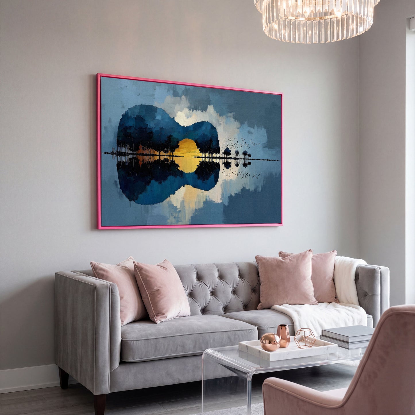 Guitar Landmass Sunset Canvas Art with Water Reflection in pink floating frame