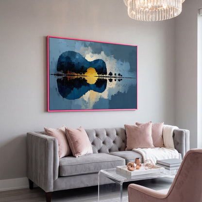Guitar Landmass Sunset Canvas Art with Water Reflection in pink floating frame