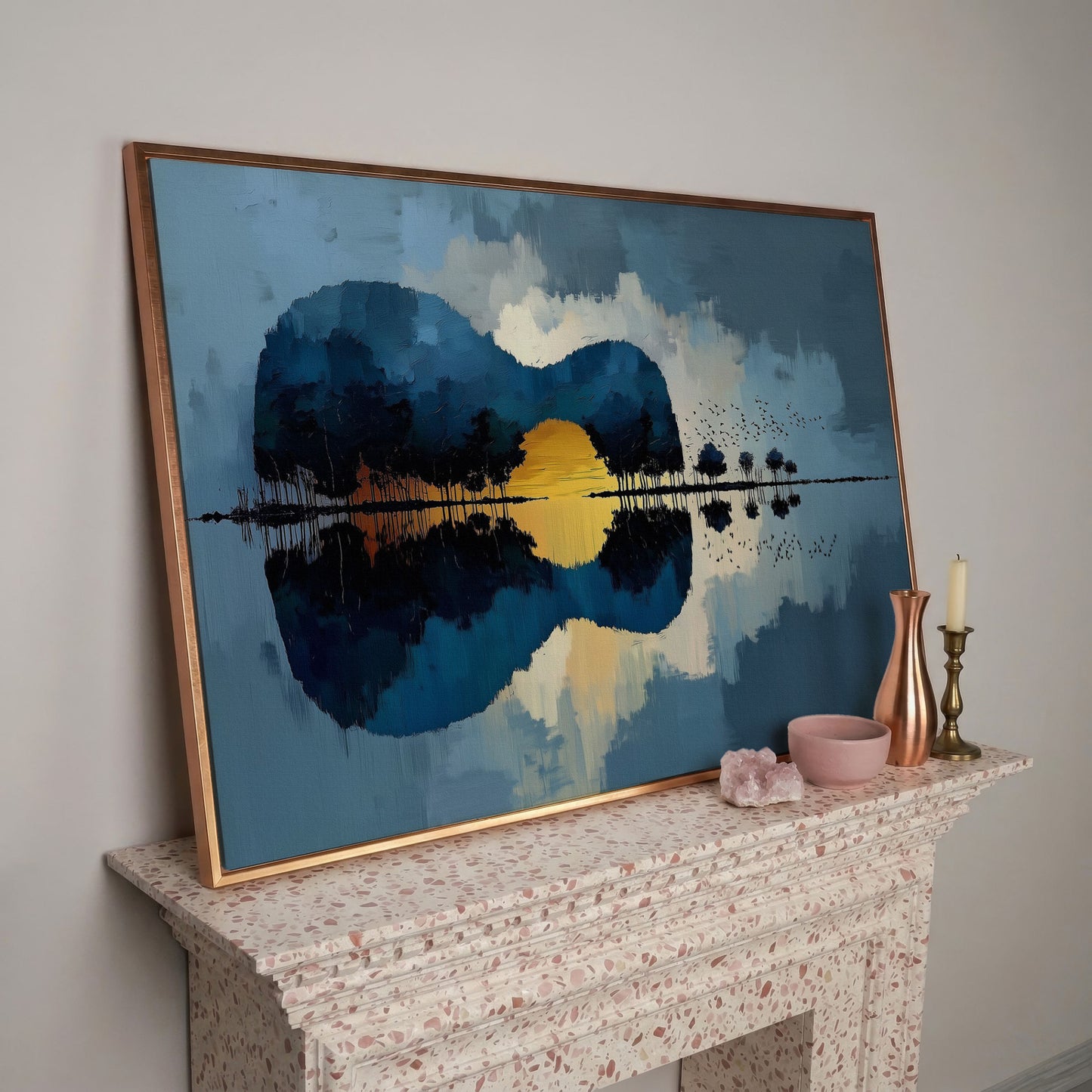 Guitar Landmass Sunset Canvas Art with Water Reflection in rose gold floating frame