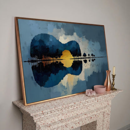 Guitar Landmass Sunset Canvas Art with Water Reflection in rose gold floating frame