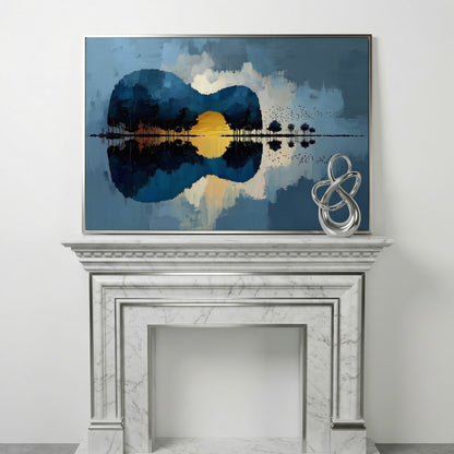 Guitar Landmass Sunset Canvas Art with Water Reflection in silver floating frame