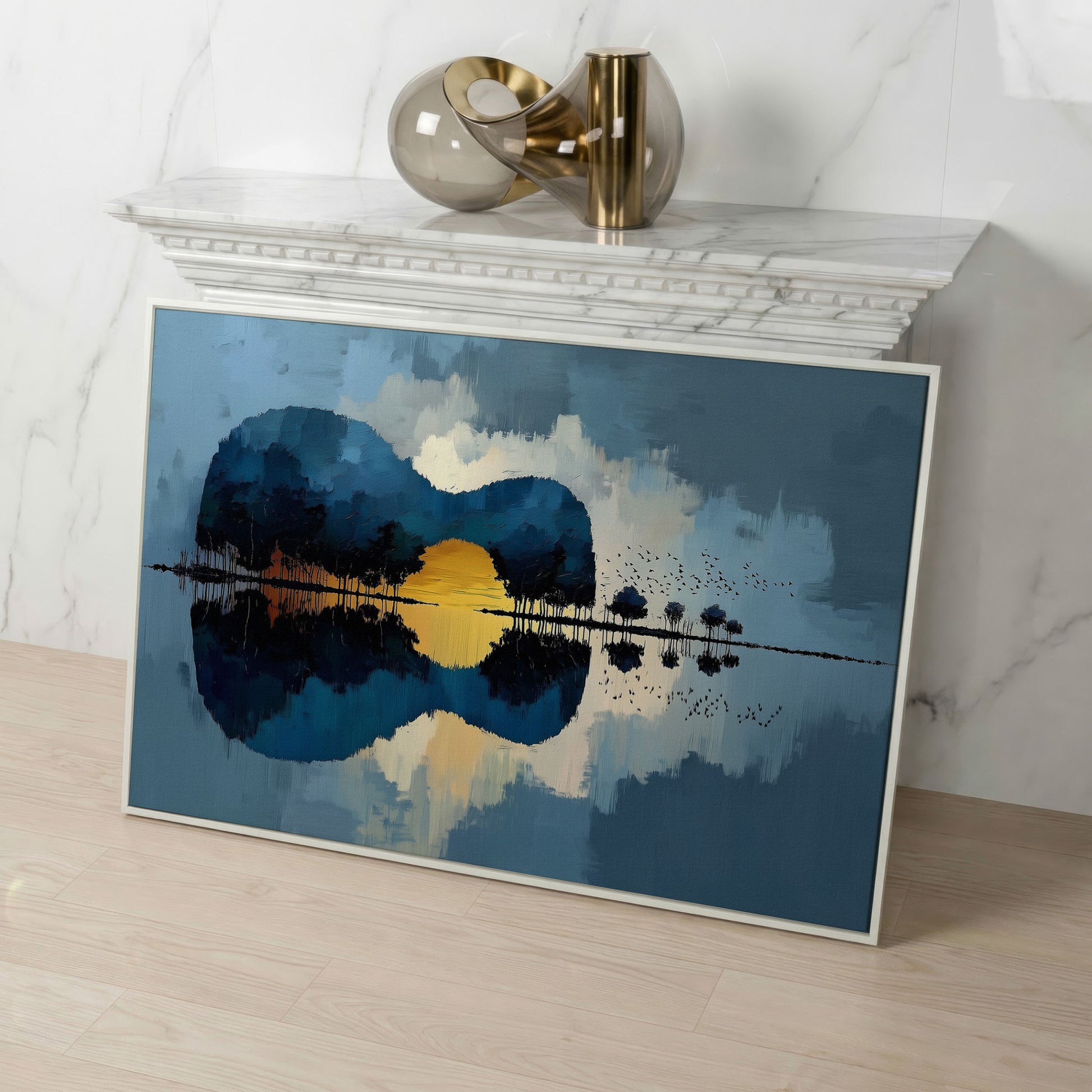 Guitar Landmass Sunset Canvas Art with Water Reflection in white floating frame