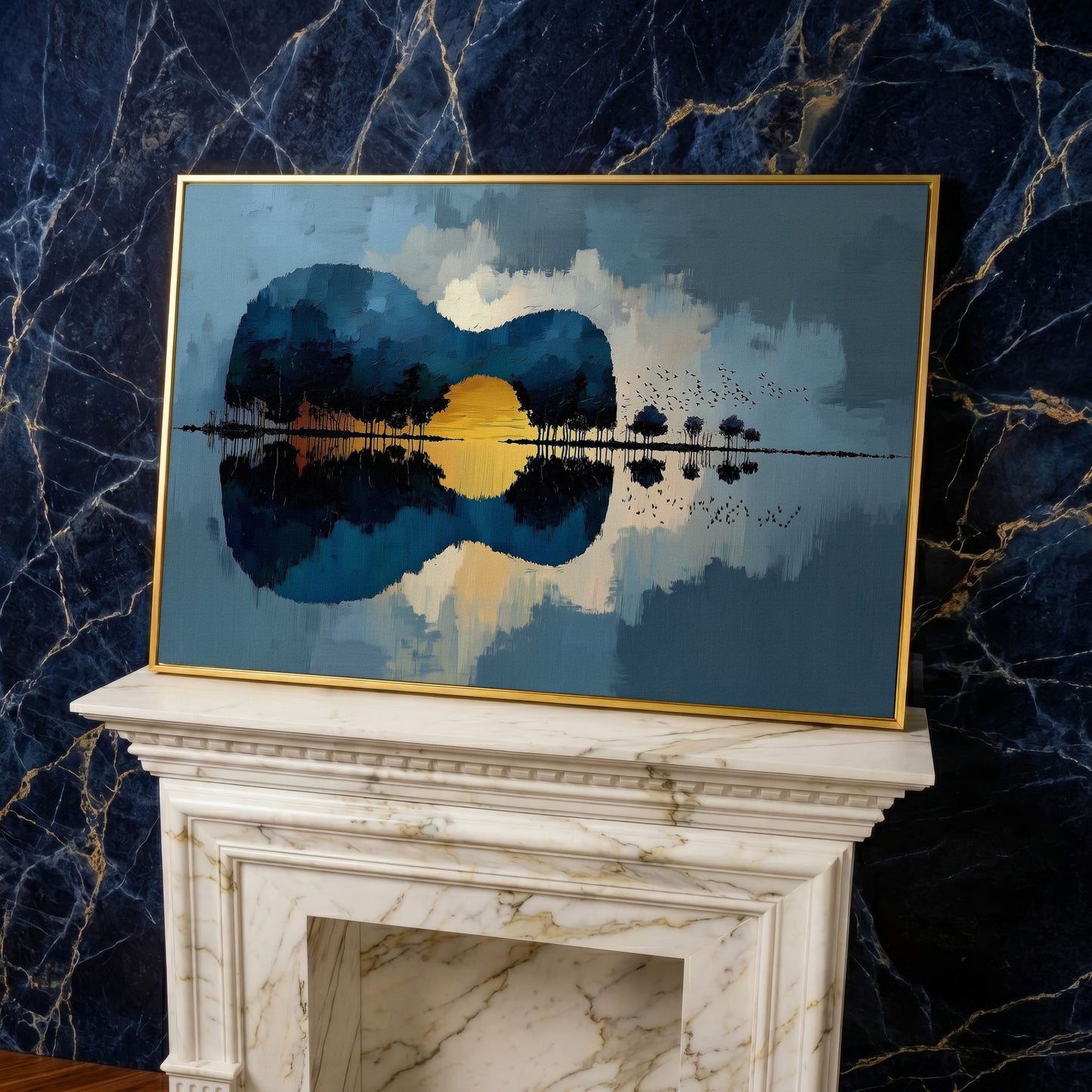 Guitar Landmass Sunset Canvas Art with Water Reflection in yellow gold floating frame