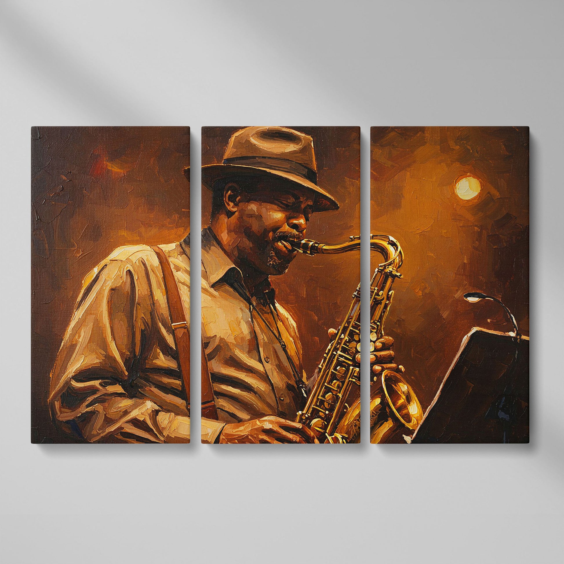 Jazz Saxophonist with Sheet Music Canvas Wall Art as 3-panel split version