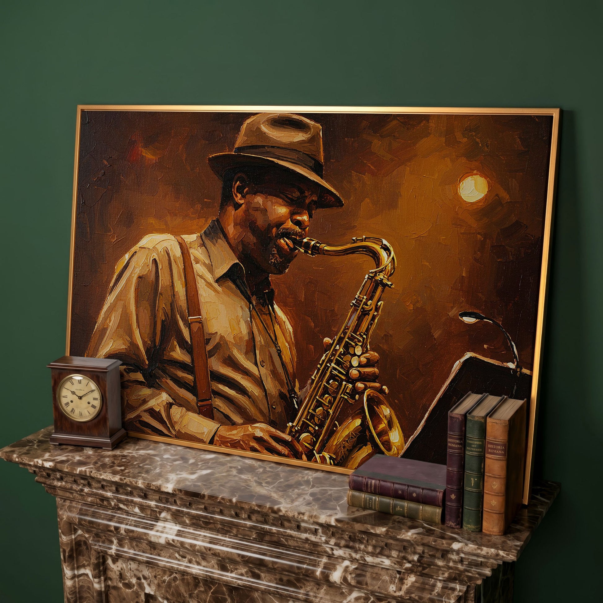 Jazz Saxophonist with Sheet Music Canvas Wall Art in antique gold floating frame