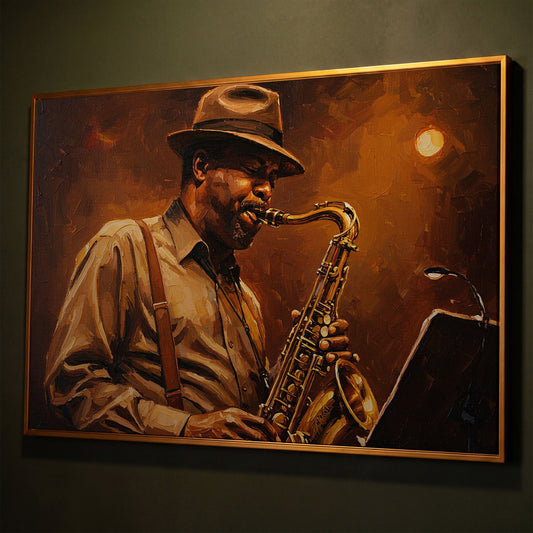 Jazz Saxophonist with Sheet Music Canvas Wall Art shown in antique gold floating frame