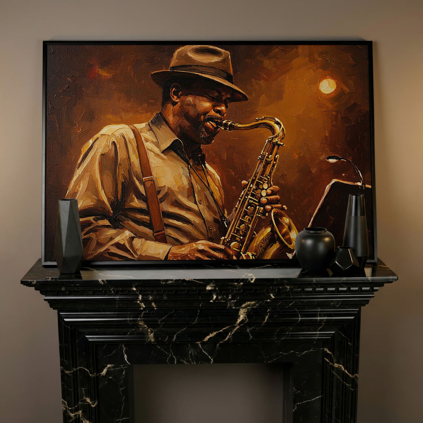 Jazz Saxophonist with Sheet Music Canvas Wall Art in black floating frame
