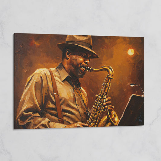 Jazz Saxophonist with Sheet Music Canvas Wall Art on gallery wrap