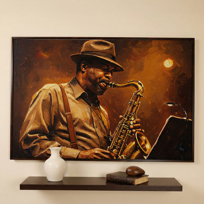 Jazz Saxophonist with Sheet Music Canvas Wall Art in dark walnut floating frame