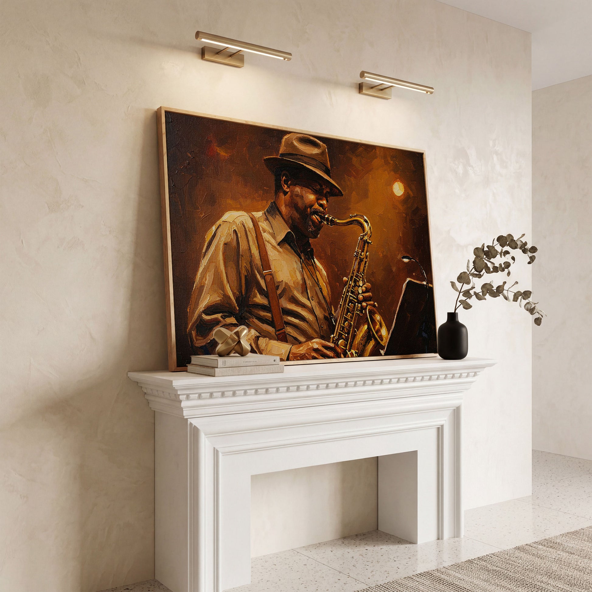 Jazz Saxophonist with Sheet Music Canvas Wall Art in white oak floating frame