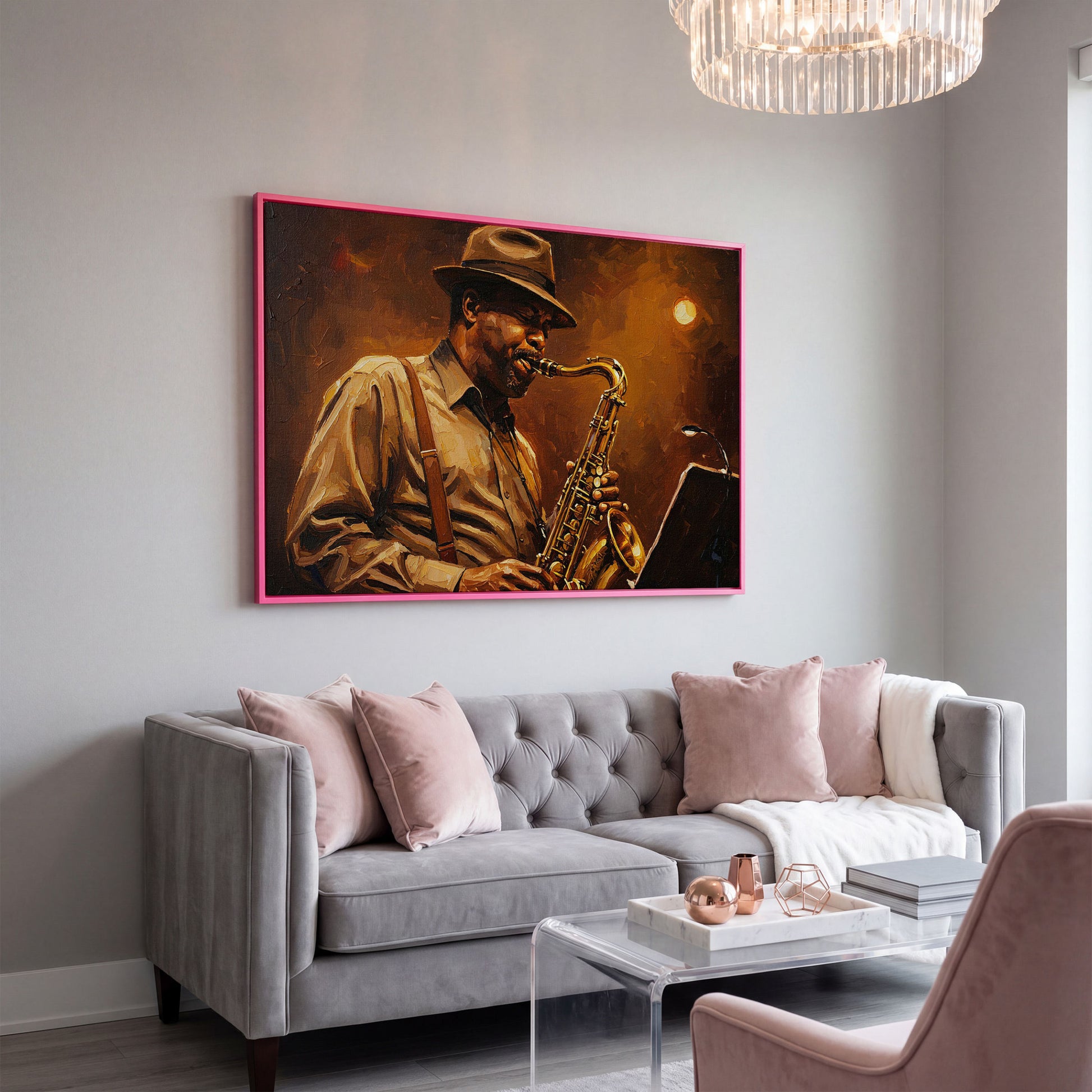 Jazz Saxophonist with Sheet Music Canvas Wall Art in pink floating frame