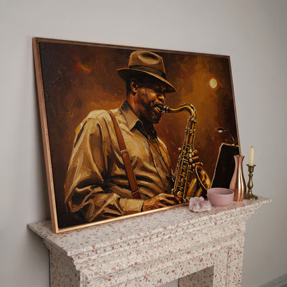 Jazz Saxophonist with Sheet Music Canvas Wall Art in rose gold floating frame