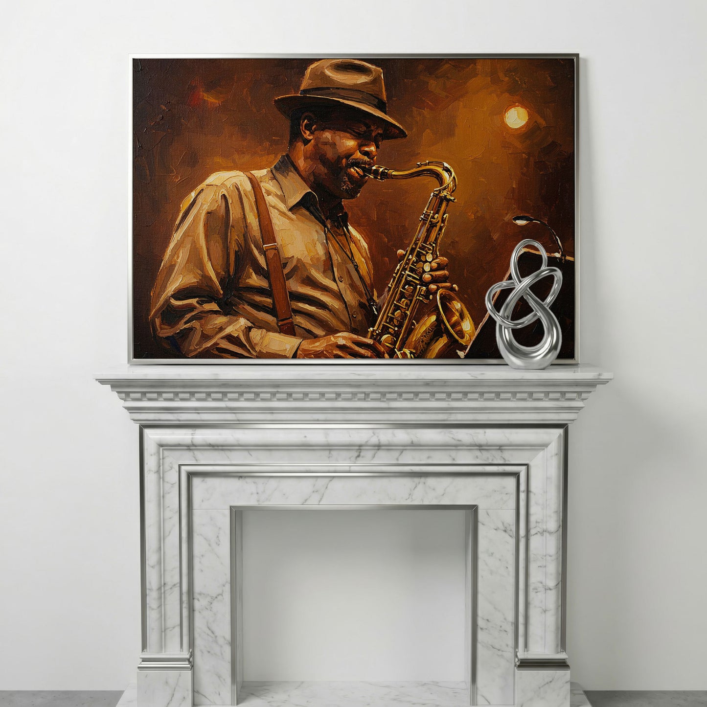 Jazz Saxophonist with Sheet Music Canvas Wall Art in silver floating frame