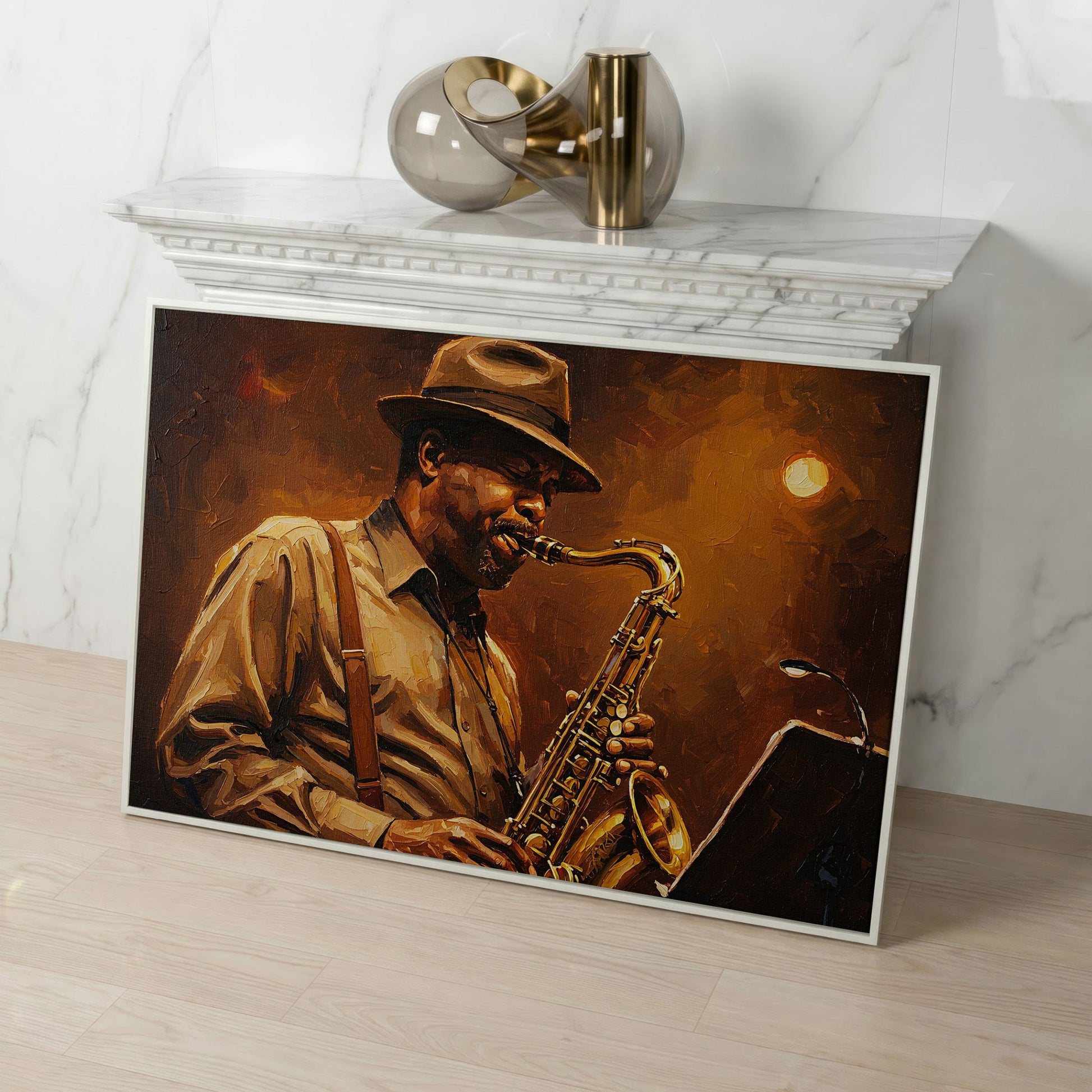 Jazz Saxophonist with Sheet Music Canvas Wall Art in white floating frame