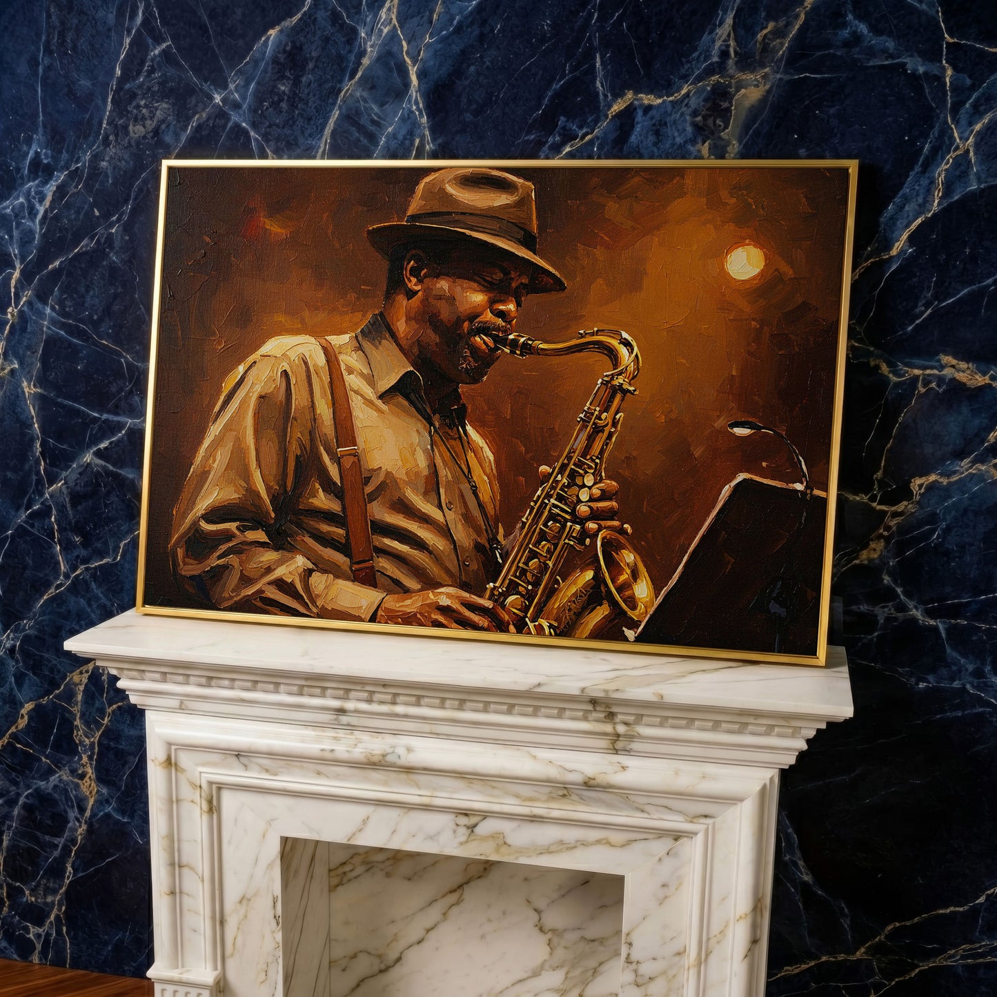 Jazz Saxophonist with Sheet Music Canvas Wall Art in yellow gold floating frame