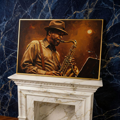 Jazz Saxophonist with Sheet Music Canvas Wall Art in yellow gold floating frame