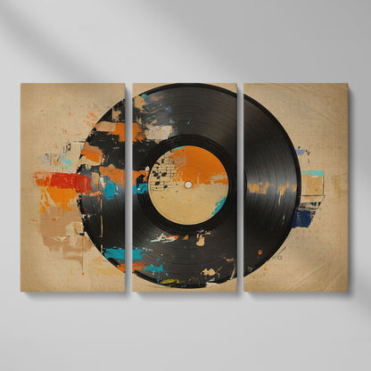 Vinyl Record Abstract Canvas Art for Music Lovers as 3-panel split version