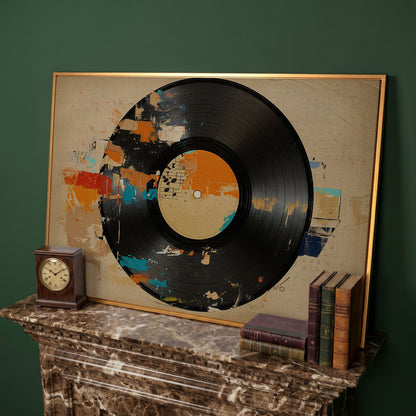 Vinyl Record Abstract Canvas Art for Music Lovers in antique gold floating frame