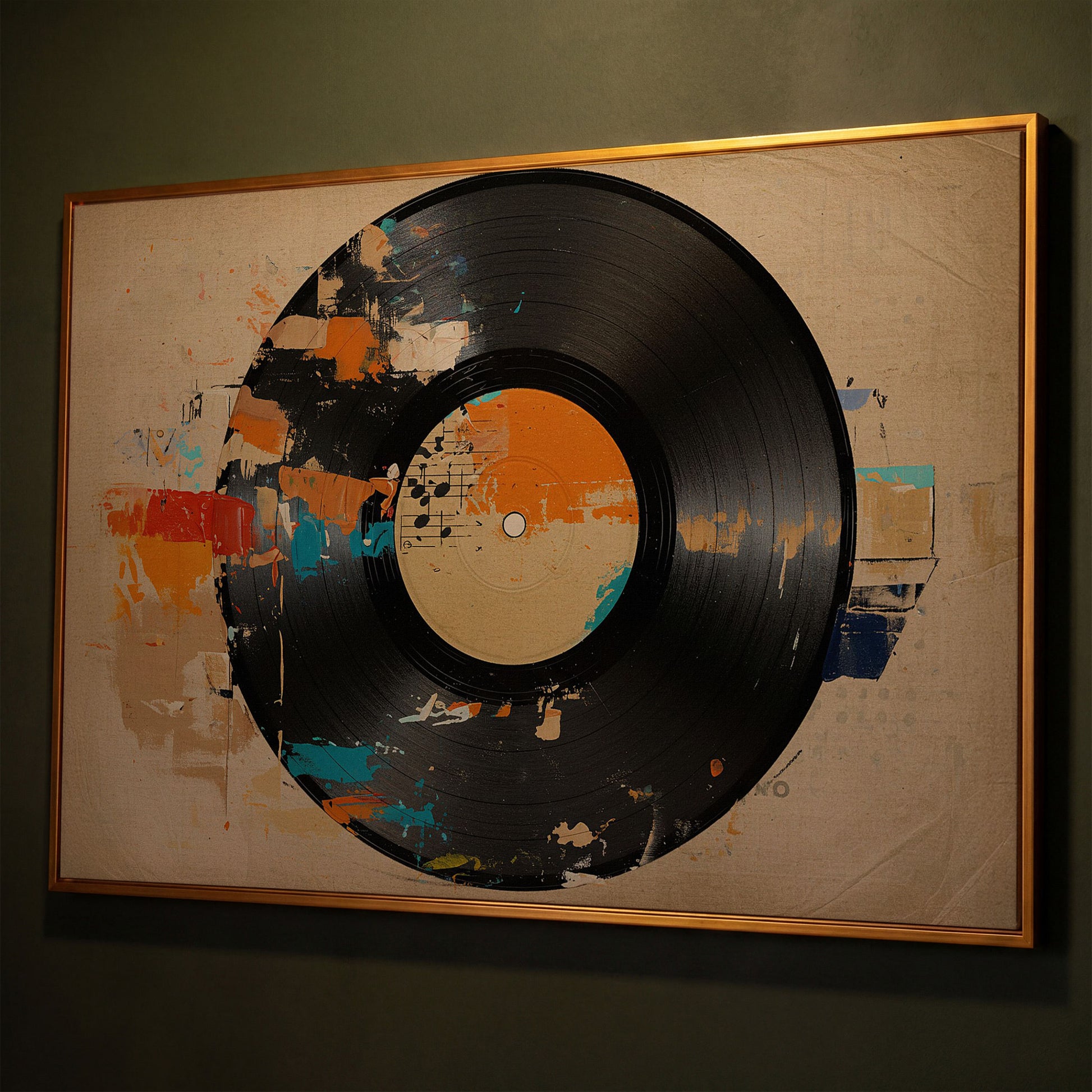 Vinyl Record Abstract Canvas Art for Music Lovers shown in antique gold floating frame