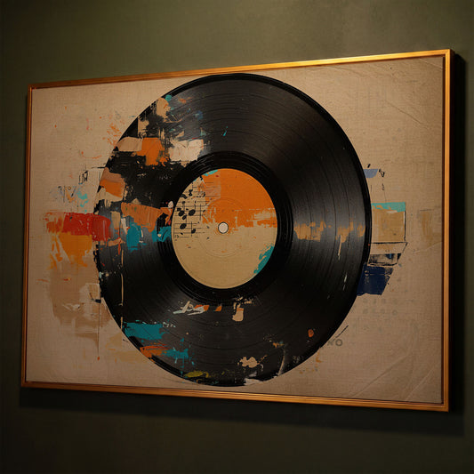 Vinyl Record Abstract Canvas Art for Music Lovers shown in antique gold floating frame