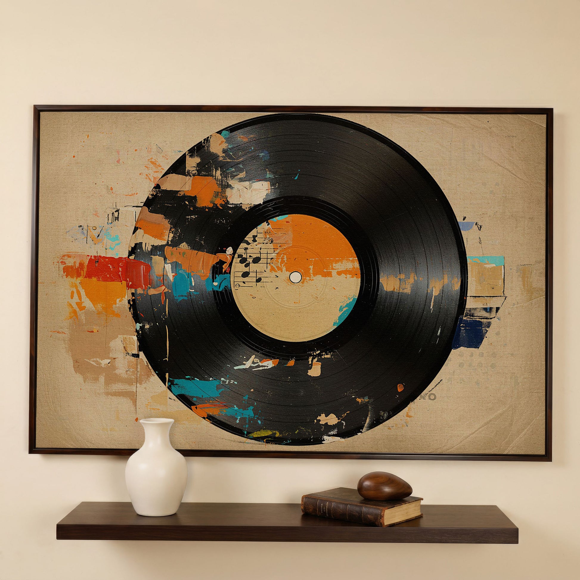 Vinyl Record Abstract Canvas Art for Music Lovers in dark walnut floating frame