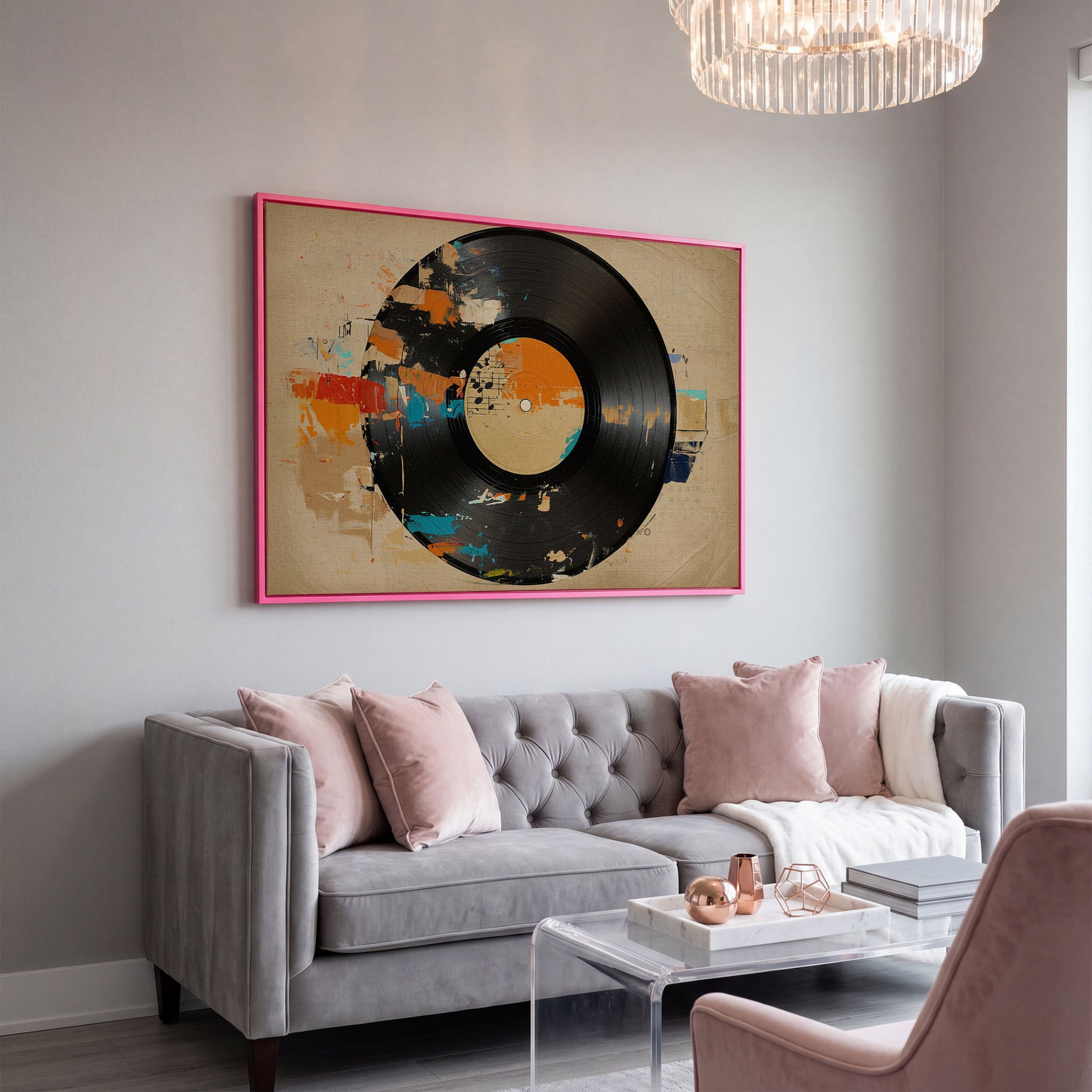 Vinyl Record Abstract Canvas Art for Music Lovers in pink floating frame