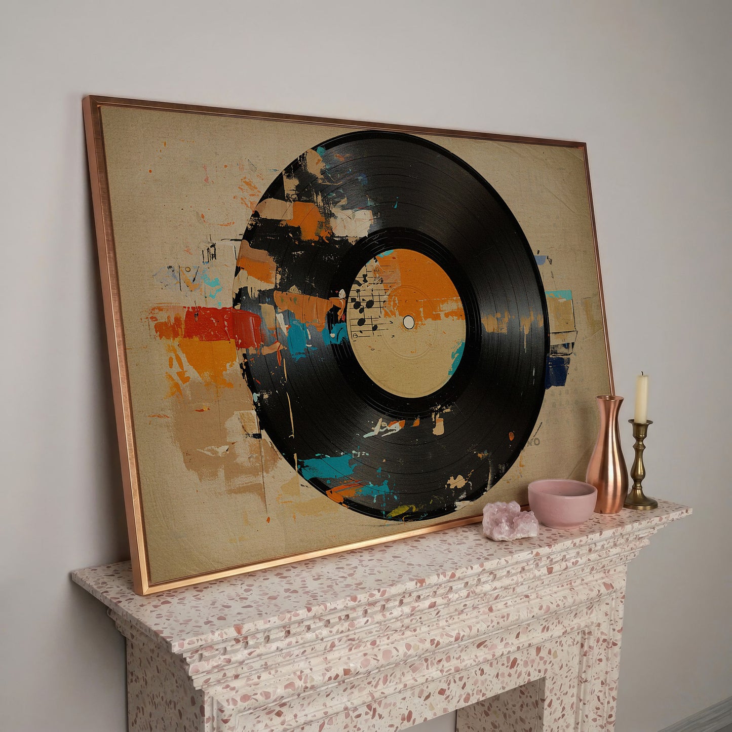 Vinyl Record Abstract Canvas Art for Music Lovers in rose gold floating frame
