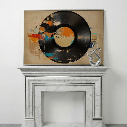 Vinyl Record Abstract Canvas Art for Music Lovers in silver floating frame