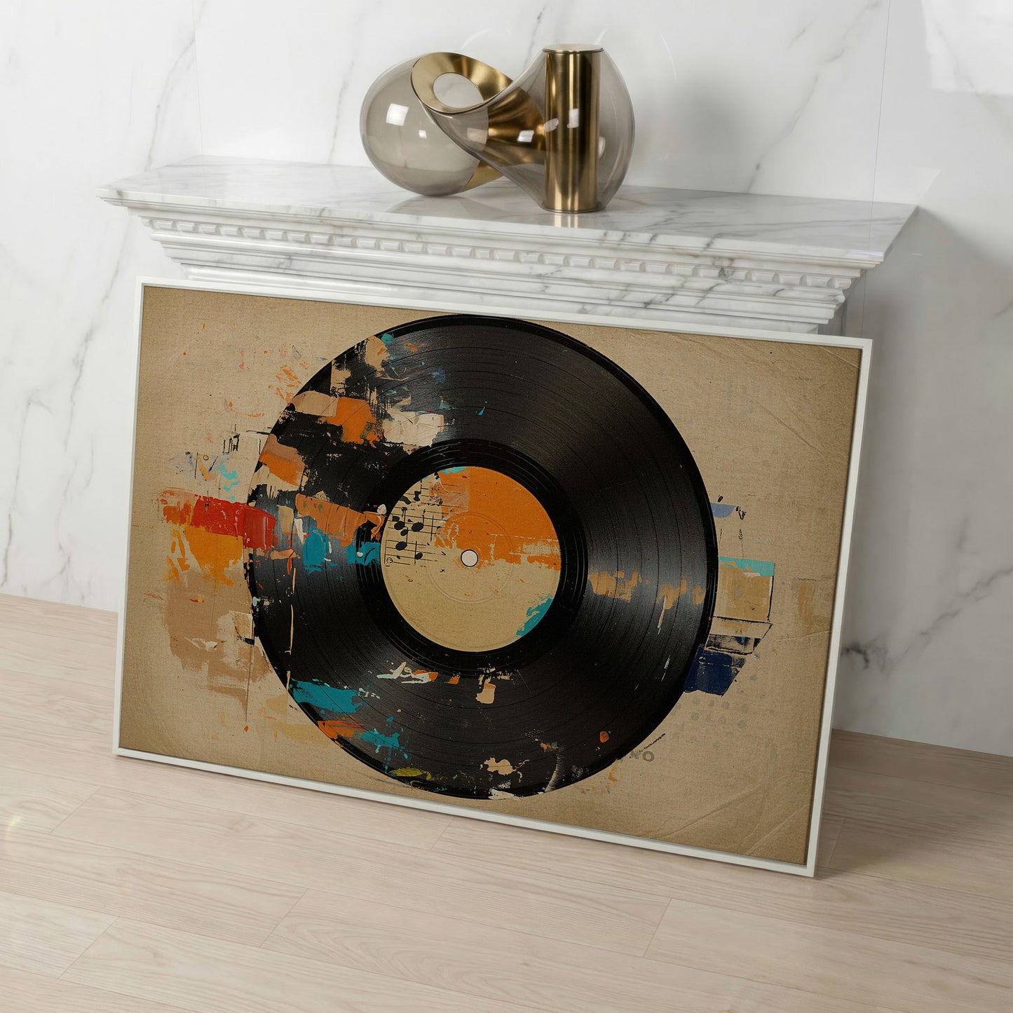 Vinyl Record Abstract Canvas Art for Music Lovers in white floating frame