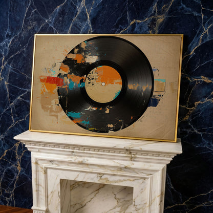 Vinyl Record Abstract Canvas Art for Music Lovers in yellow gold floating frame