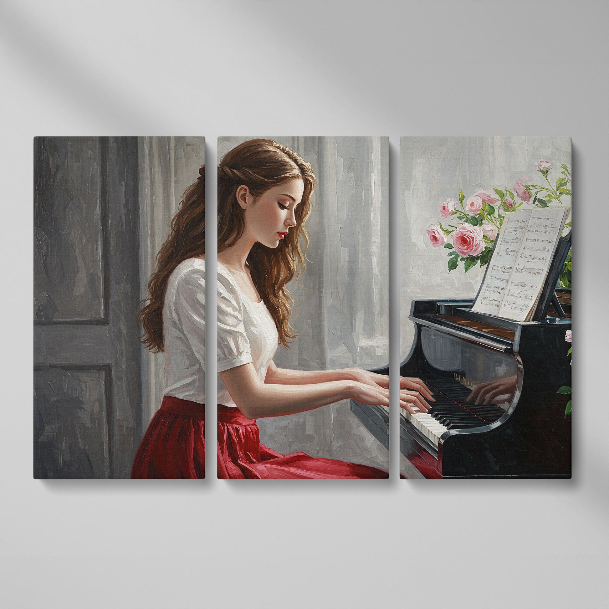 Young Woman at the Piano, Roses Canvas Wall Art as 3-panel split version