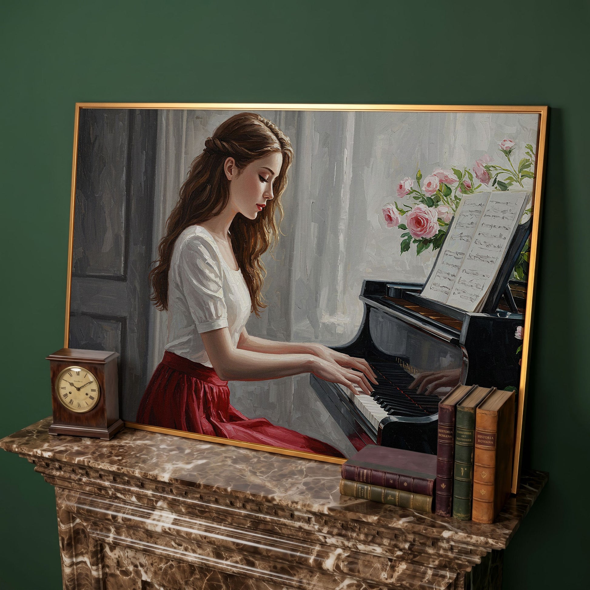 Young Woman at the Piano, Roses Canvas Wall Art in antique gold floating frame