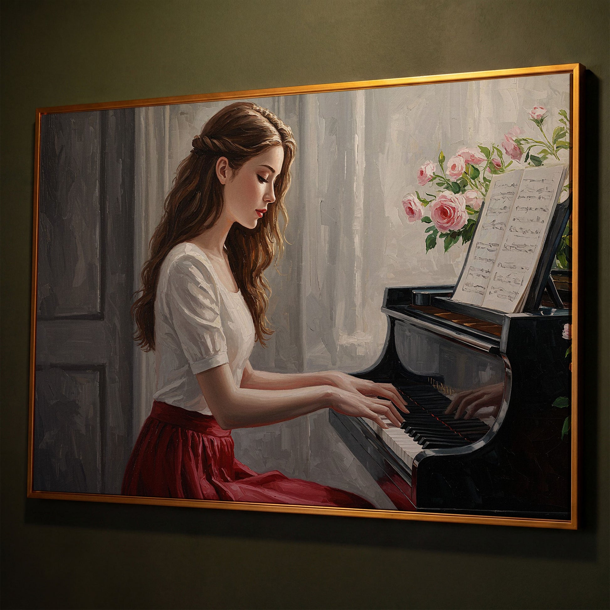 Young Woman at the Piano, Roses Canvas Wall Art shown in antique gold floating frame