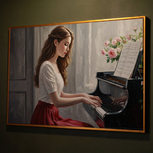 Young Woman at the Piano, Roses Canvas Wall Art shown in antique gold floating frame
